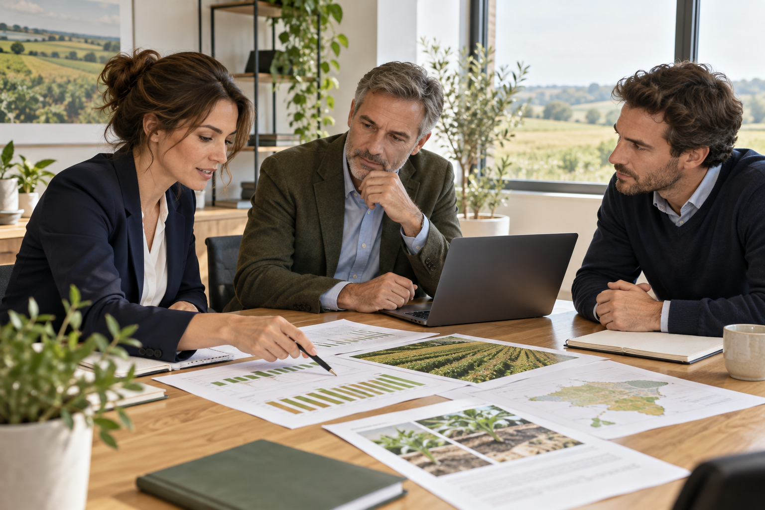Illustration : consultants analysant des résultats et un projet agricole