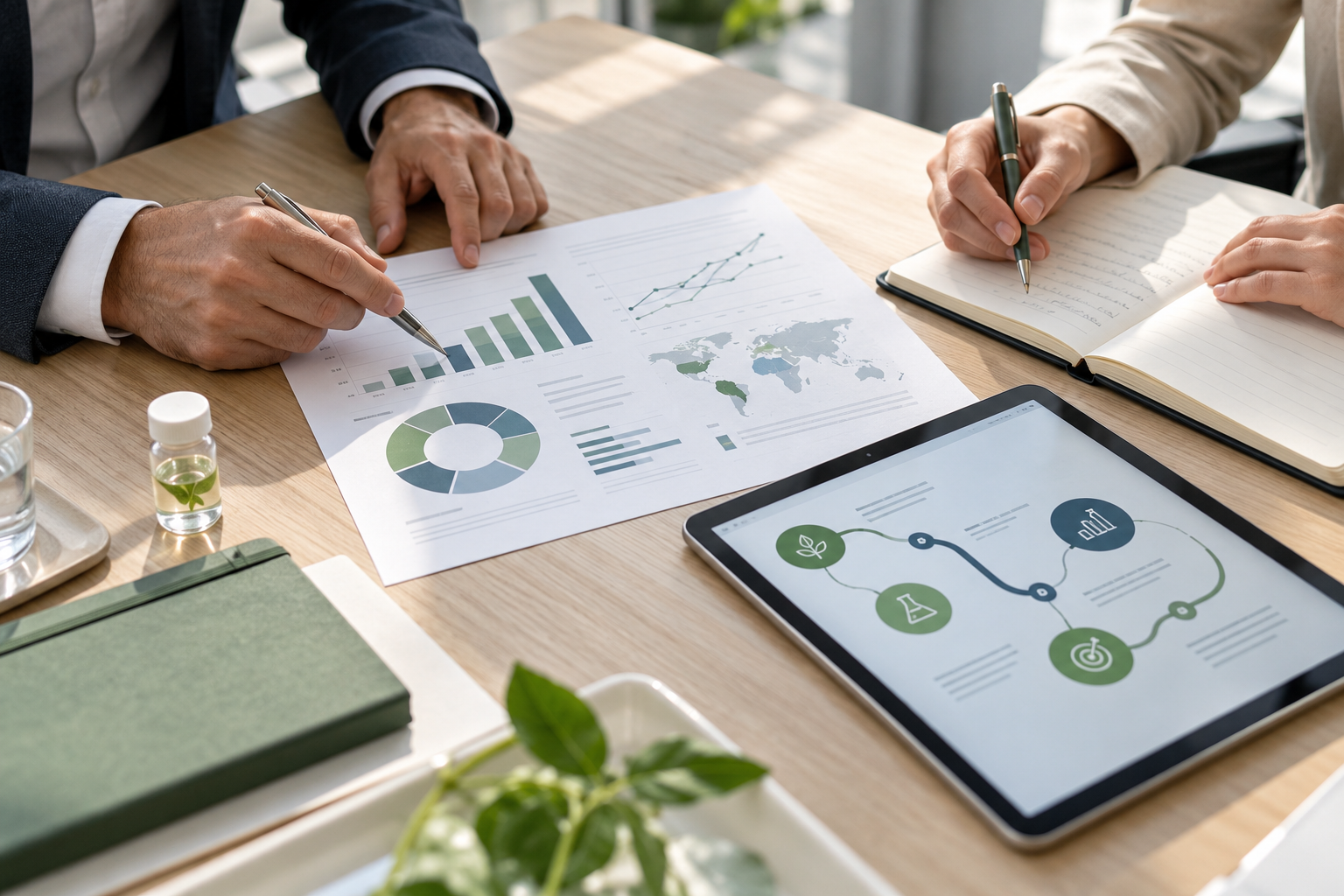 Illustration : analyse stratégique de projets innovants, graphiques et tablette sur une table de travail, sans visage visible