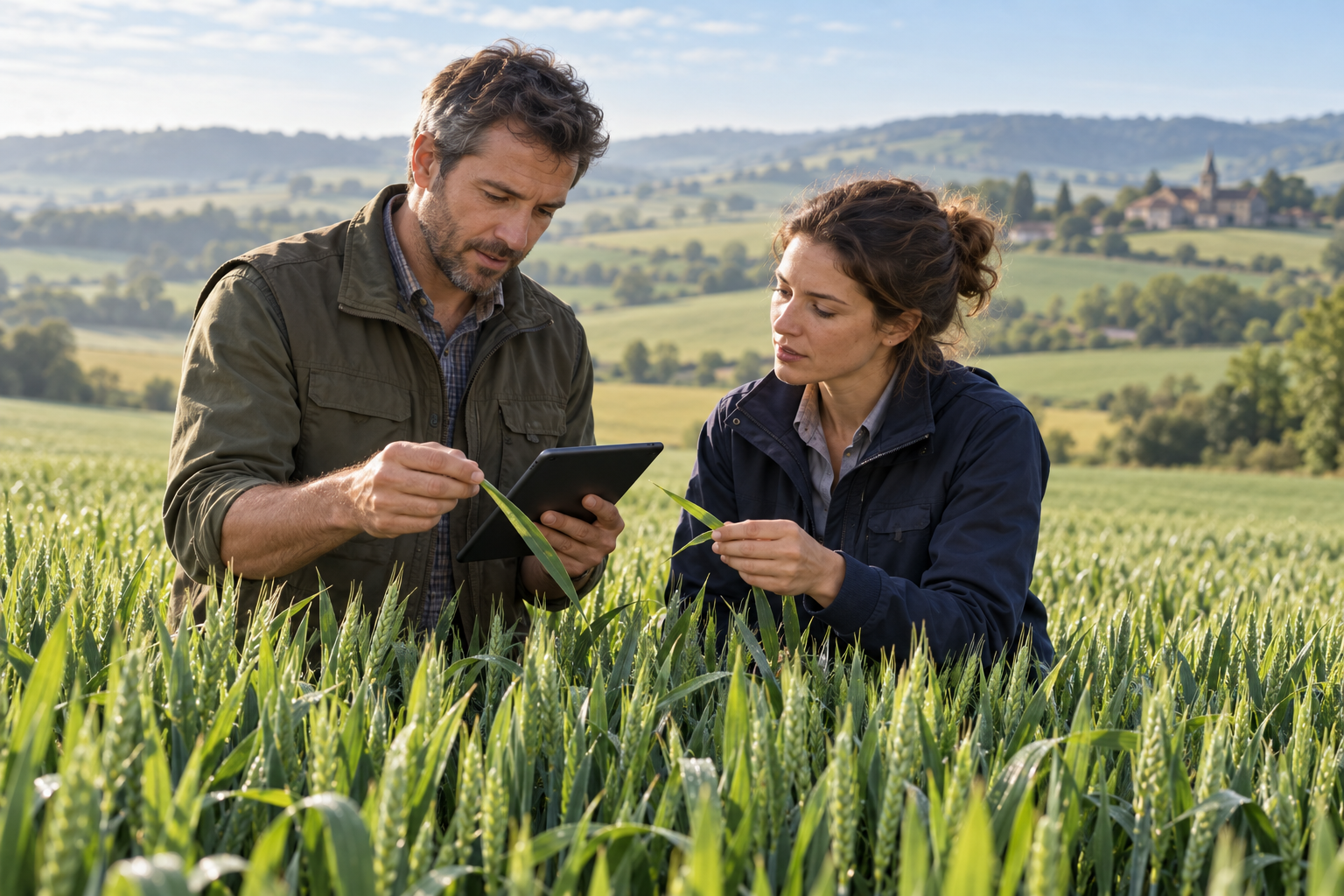 Illustration : agronomes observant une culture de blé et échangeant sur une parcelle